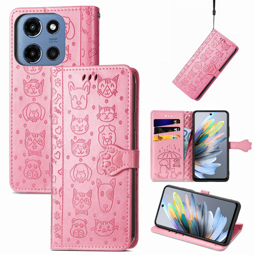 Moto G 2025 Cat and Dog Embossed Leather Phone Case - Pink